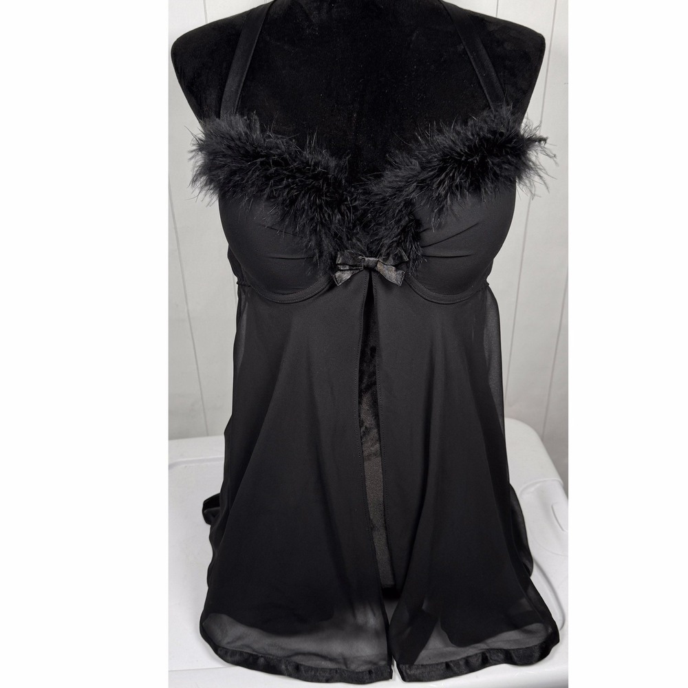 Cabernet Black Sheer Babydoll Cami Lingerie‎ Romantic Whimsigoth Feather Trim L